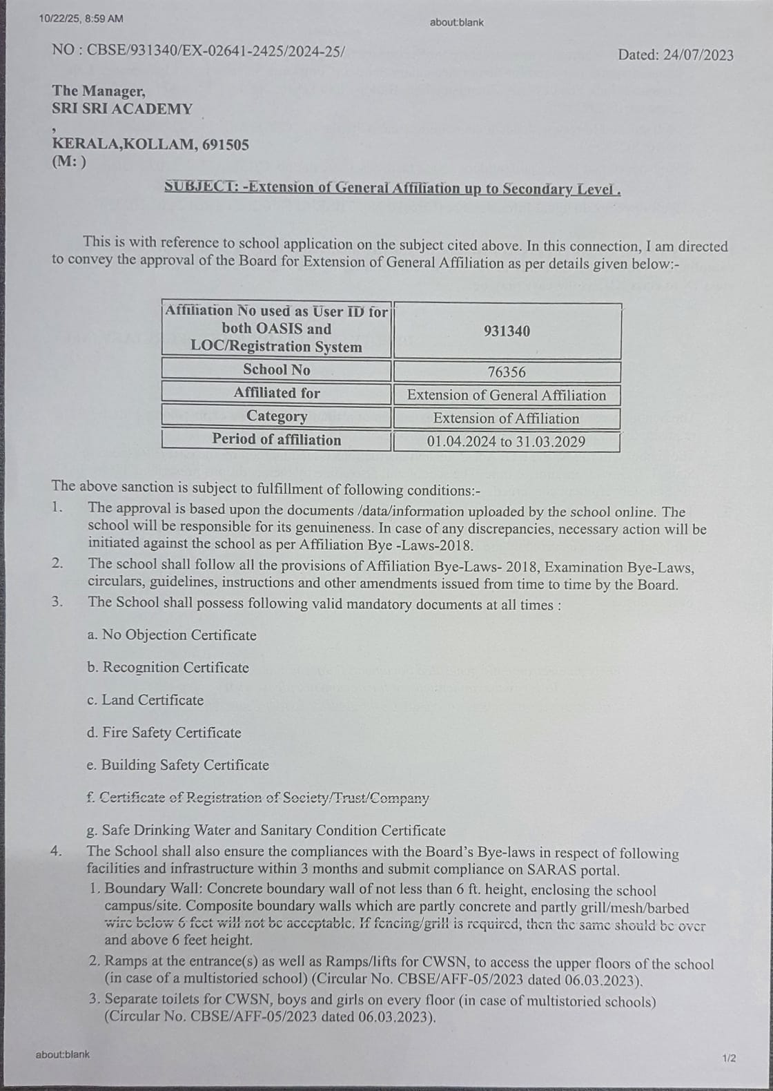 Affiliation letter